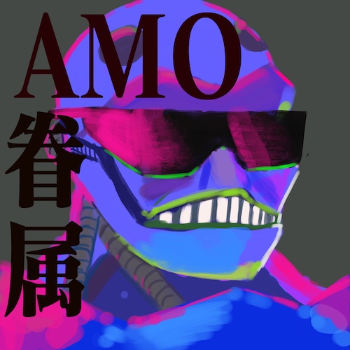 A picture of a Boomer from Bubble Gum Crisis with sunglasses on and the AMO Kenzoku logo over the top.
